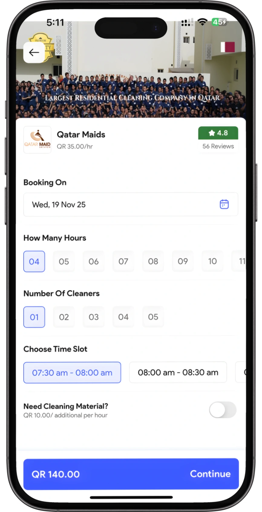 Mobile screen showing service added to cart